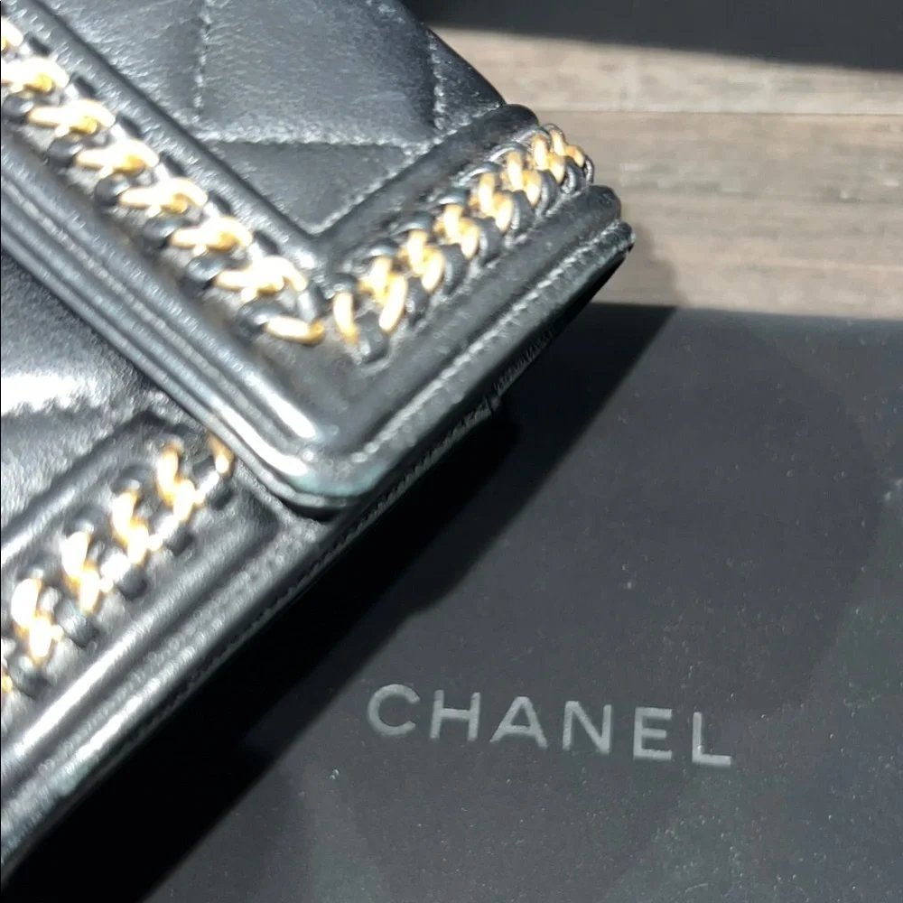 RARE!! Chanel Black and Gold Quilted distressed chain flap wallet
